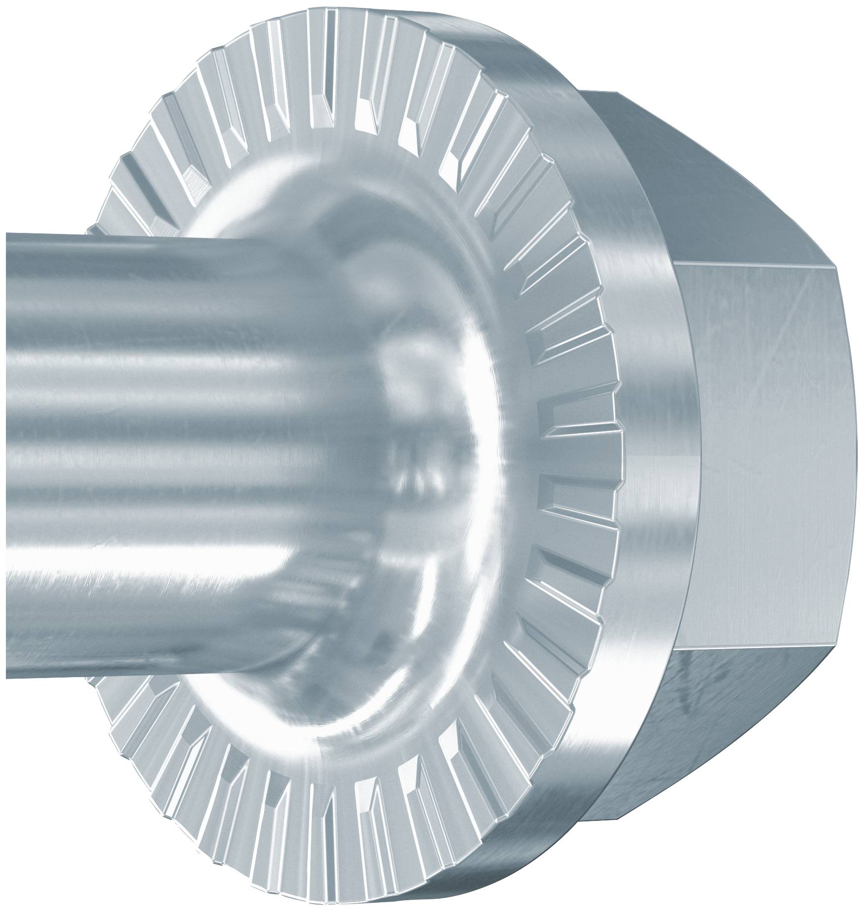 Nahaufnahme einer silbernen Metallwelle mit gezahnter Scheibe und Sechskantmutter, die eine Befestigungsbaugruppe zeigt.