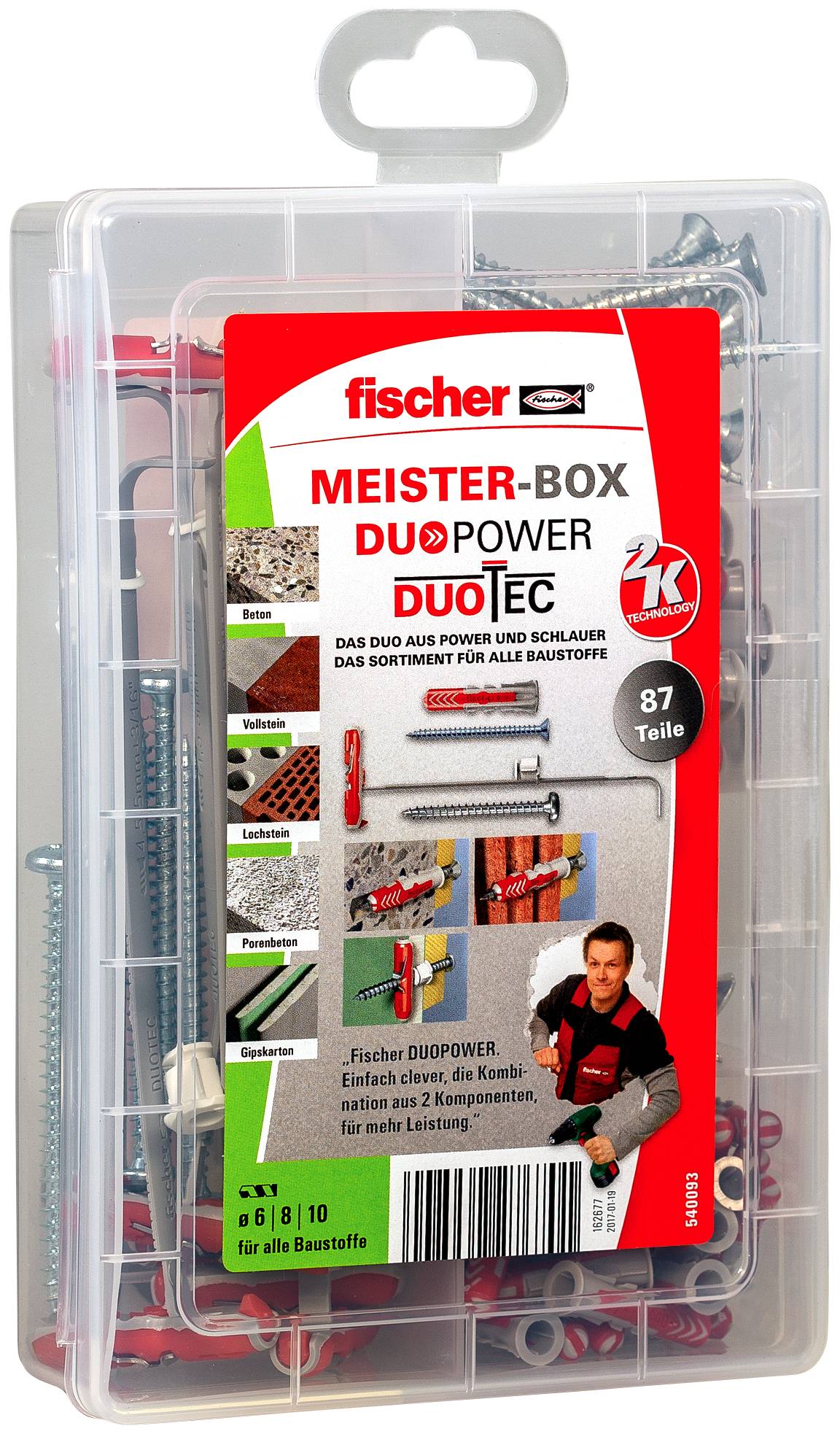 Durchsichtige Kunststoff-Sortierbox Fischer MEISTER-BOX DUOPOWER mit Schrauben und Dübeln, 87-teilig sortiert, beschriftet für verschiedene Baustoffe.