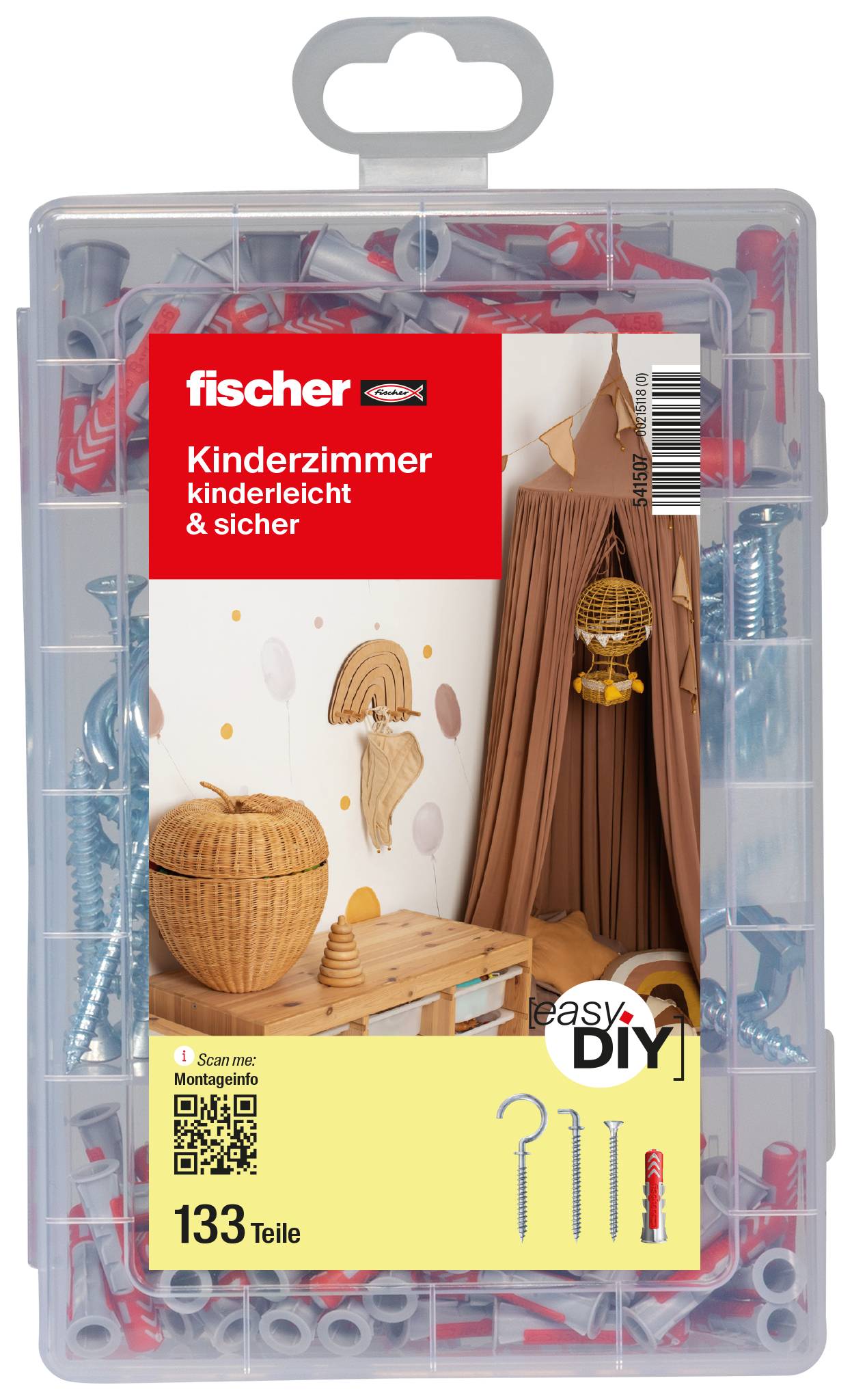 Fischer DIY-Kindersicherheitsset in einem transparenten Kunststoffkoffer, beschriftet mit „Kinderzimmer kindersicher & sicher", mit 133 Teilen und Montageanleitung.