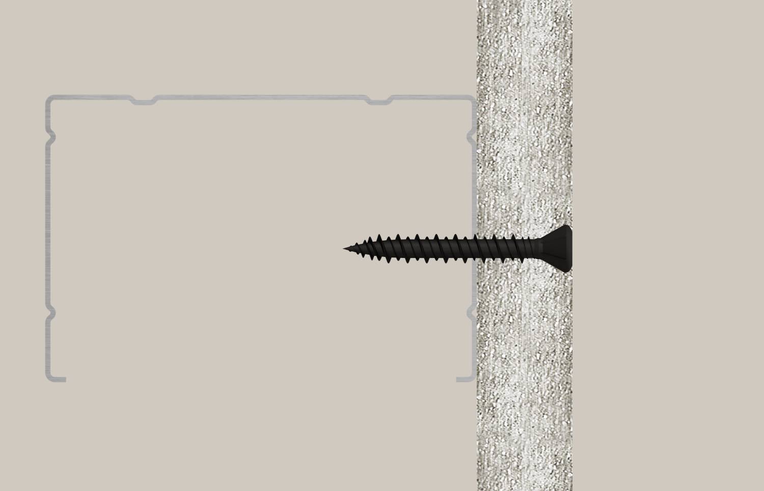 Schwarze Schraube, die rechts in eine Wand gebohrt wird, mit grauer Kontur, die eine Montageplatte oder Vorlage auf der linken Seite zeigt.