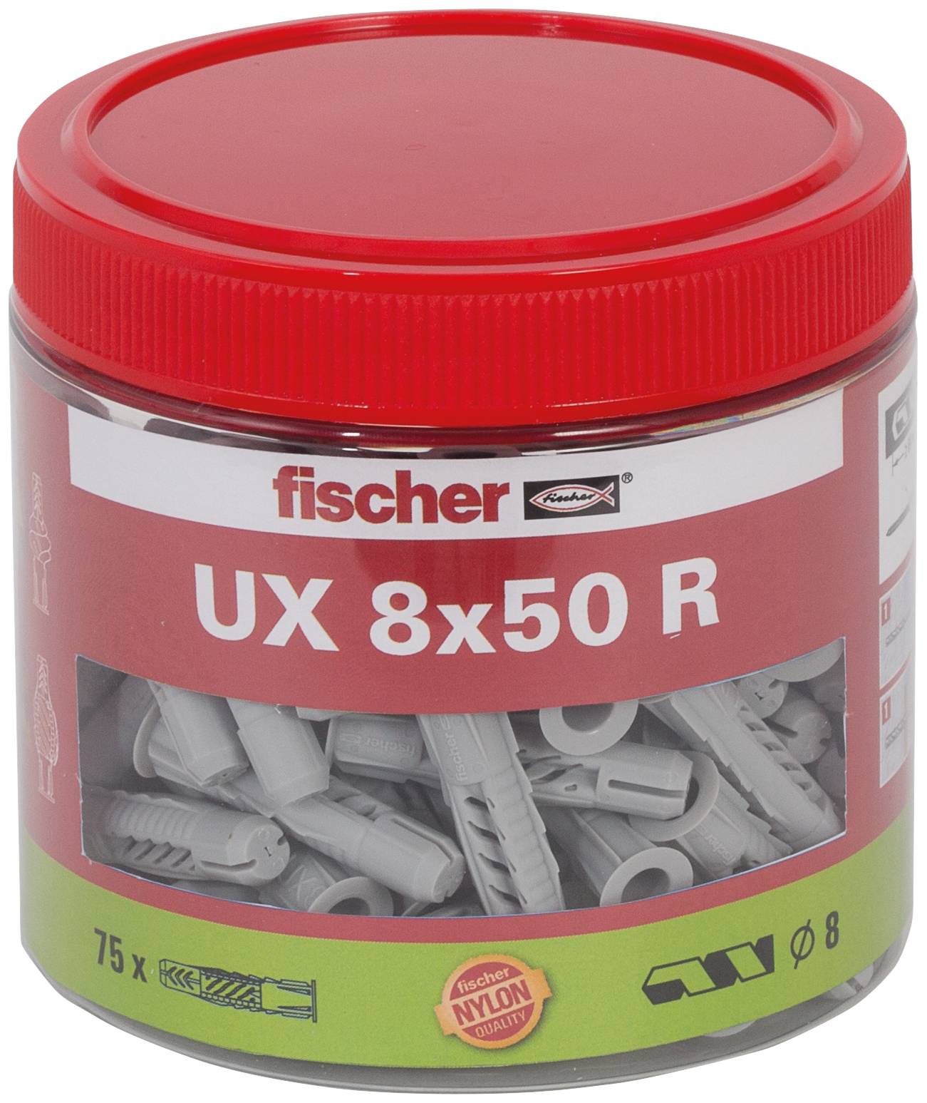 Behälter mit Fischer UX 8x50 R Nylon-Dübeln, 75er-Pack, gezeigt in einem Glas mit rotem Deckel und sichtbarem Produktetikett.