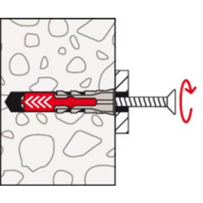 Diagramm, das zeigt, wie eine Schraube in einen Wanddübel eingeführt wird. Der Dübel expandiert und greift in die Wand, während die Schraube im Uhrzeigersinn gedreht wird.