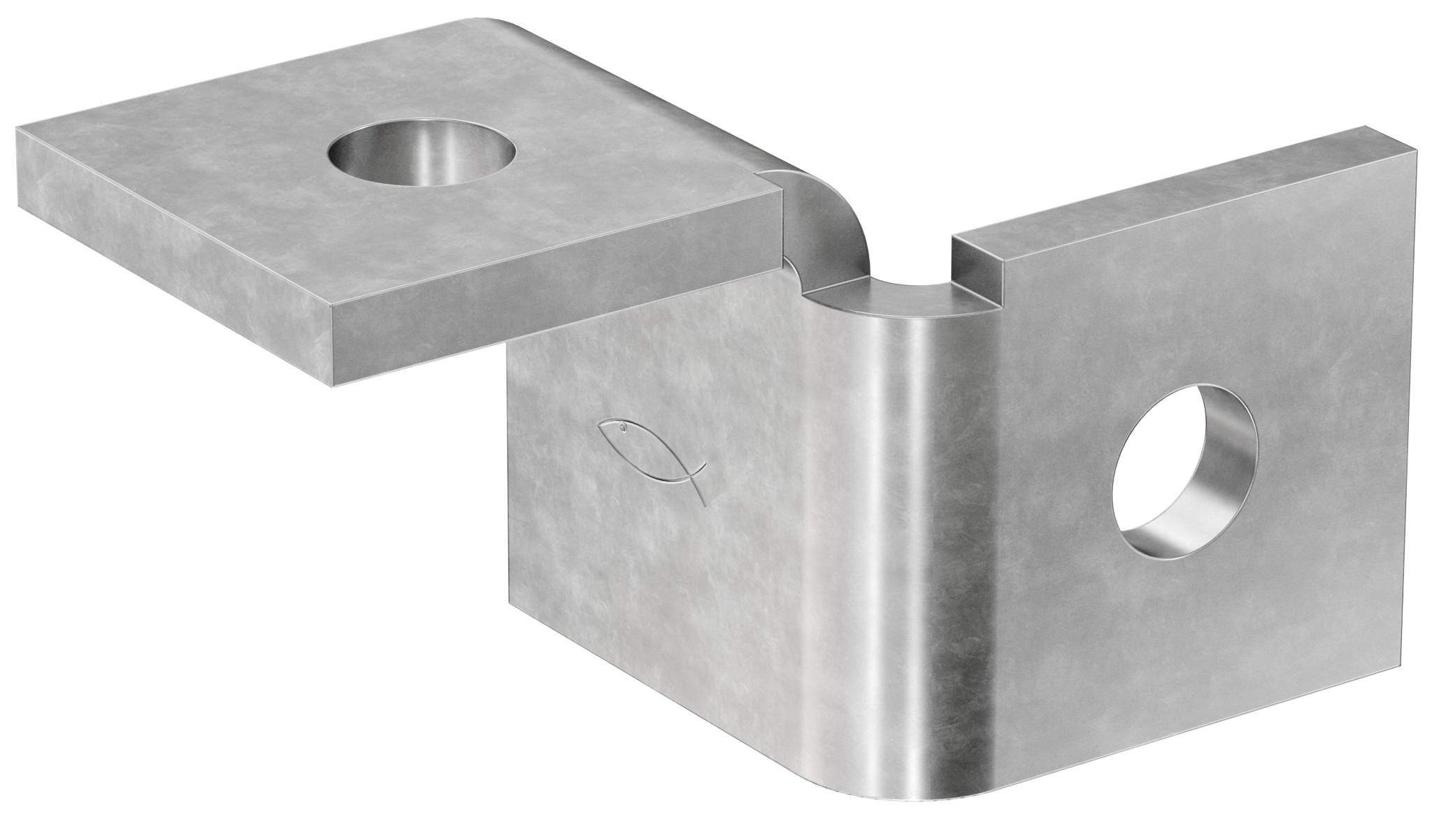 Metallhalterung mit abgestuftem 90-Grad-Winkel, mit einem oberen Befestigungsloch und einem seitlichen Befestigungsloch.