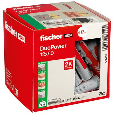 Schachtel Fischer DuoPower 12x60 Wanddübel, rote und weiße Verpackung mit Produktfenster, das die Dübel im Inneren zeigt, und Packungsinhalt von 25 Stück.