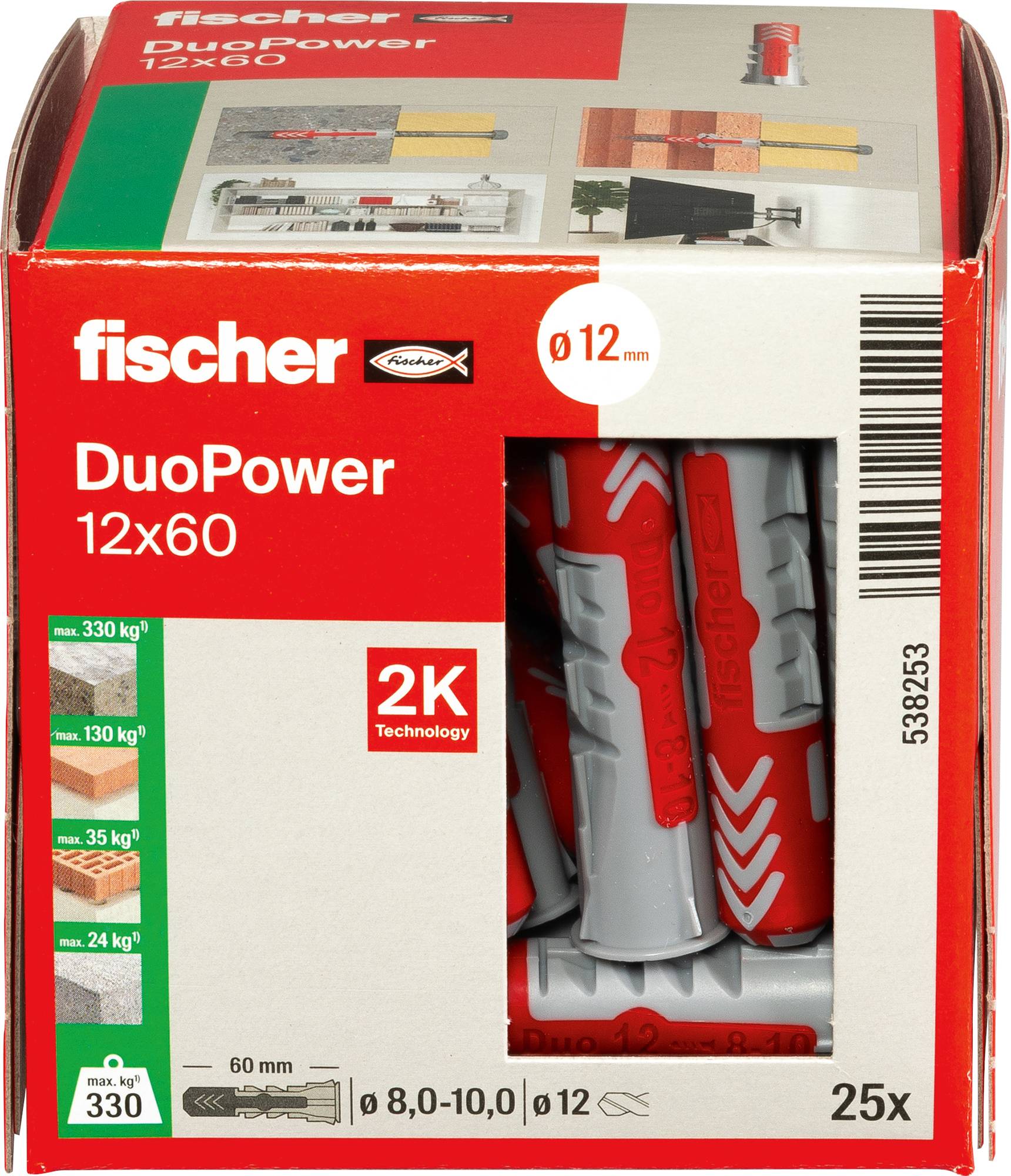Karton mit Fischer DuoPower Dübeln, Größe 12x60mm, mit rot-grauem Design, zeigt Anwendungsbeispiele, Tragfähigkeiten und das Label "2K Technology".