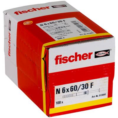 Rote und weiße Fischer-Schachtel mit N 6x60/30 F Dübeln, mit Etikett 100x, geschlossen in der Produktverpackung dargestellt.