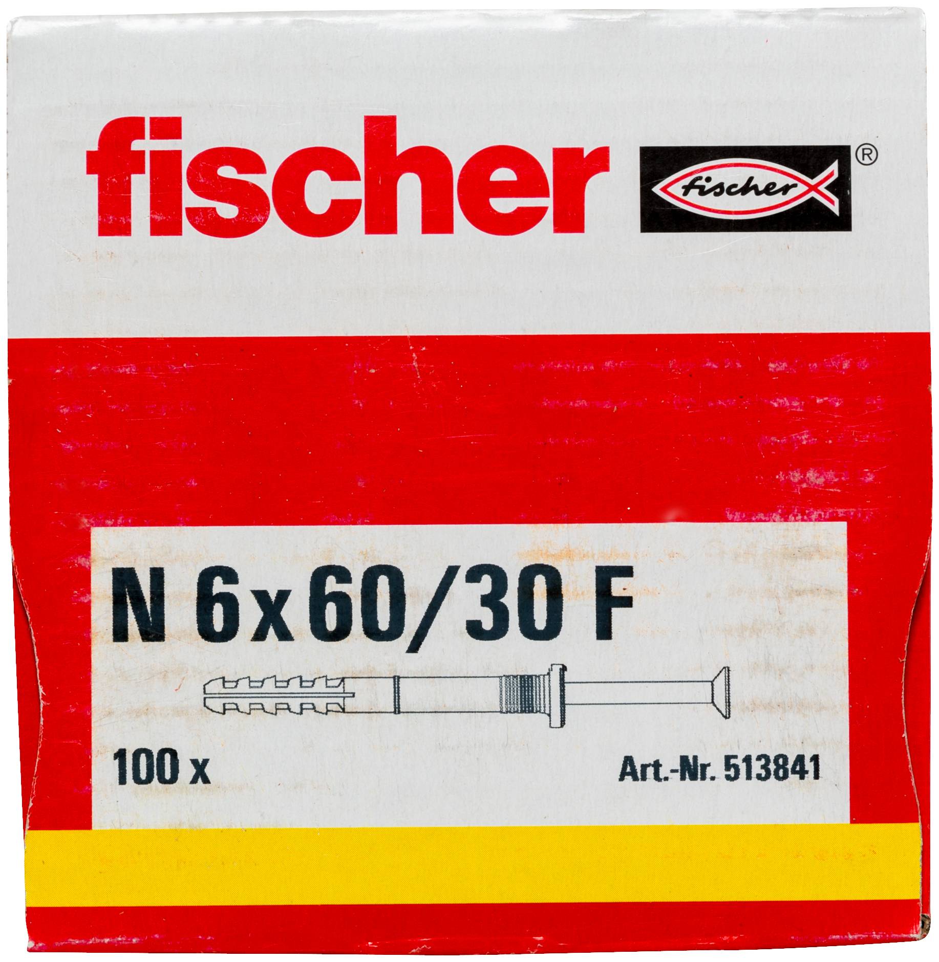 Packung Fischer N 6x60/30 F Dübel, mit der Bezeichnung 100x, einer Abbildung eines Schraubankers und der Artikelnummer 513841.
