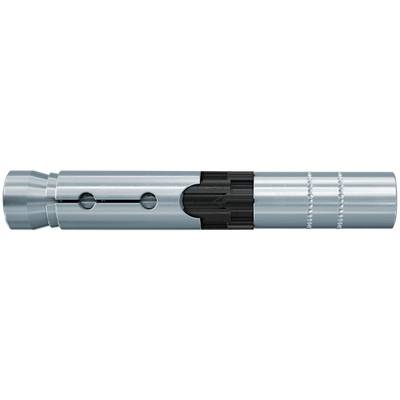 Silbernes zylindrisches Metallewerkzeug oder Verbindungsstück mit schwarzem zentralem Griff und einer kleinen Kettenanbringung am rechten Ende.