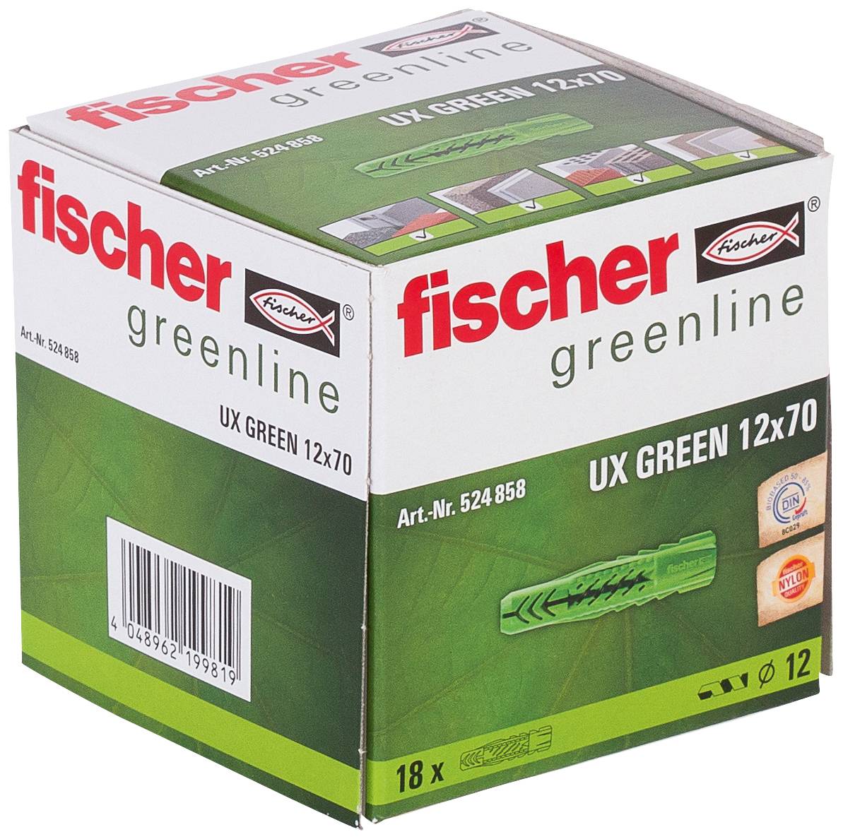 Eine grün-weiße Fischer 'greenline' Schachtel mit der Bezeichnung 'UX GREEN 12x70' für Wanddübel/Befestigungsanker, zeigt Produktabbildung, Barcode und Artikelnummer 524858.