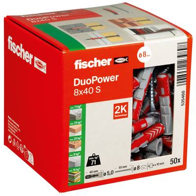 Red Fischer DuoPower 8x40 S Wanddübel-Box, zeigt graue und rote Dübel durch ein transparentes Fenster, mit der Bezeichnung 50x und 2K Technology.