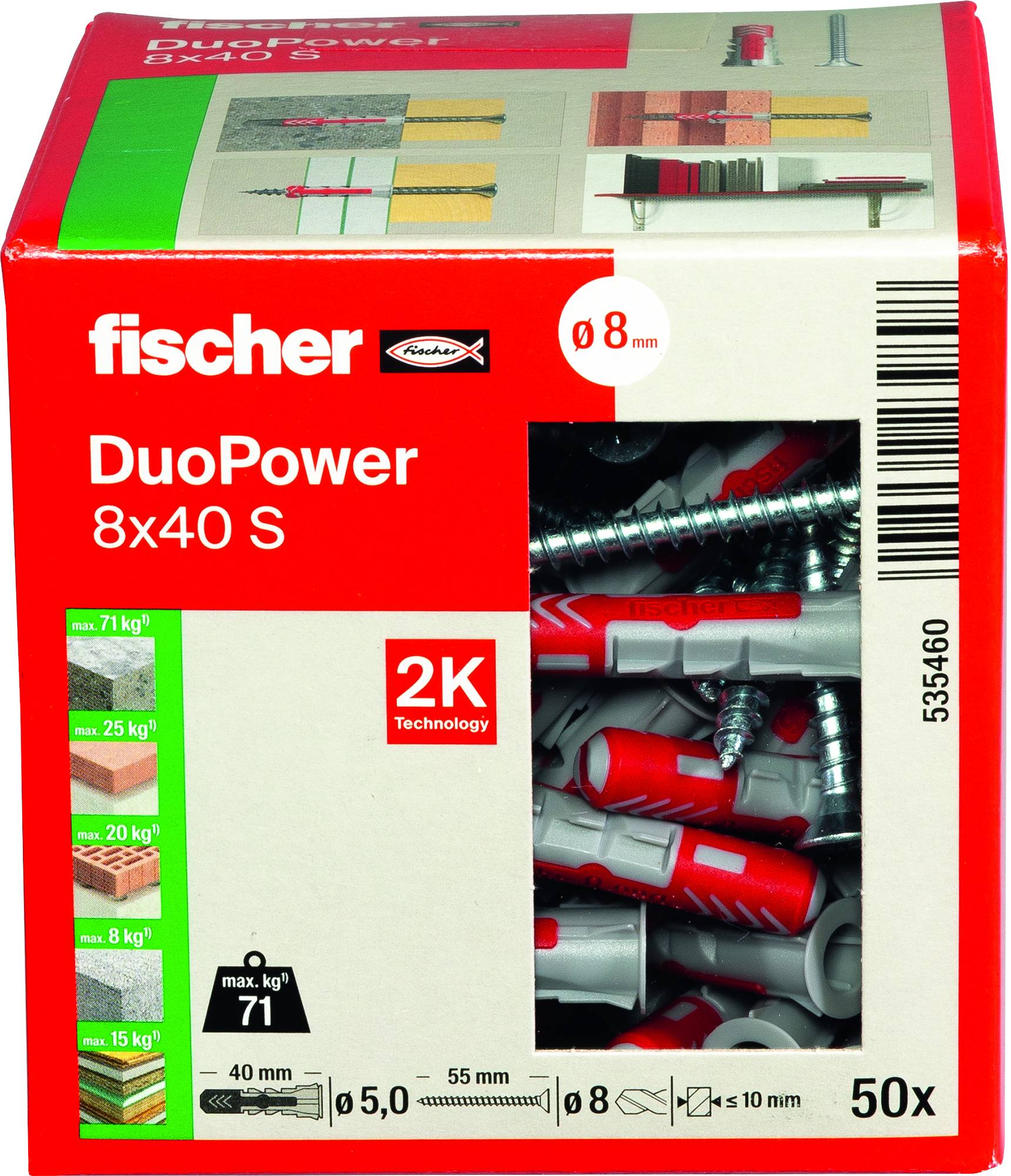 „Fischer DuoPower 8x40 S"-Verpackung zeigt Schraubanker, Etikett mit Größenangaben 8x40mm. Enthält maximale Tragfähigkeit für verschiedene Materialien, 50 Stück.