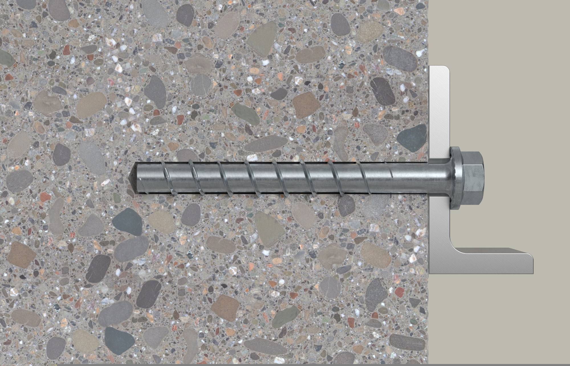 Schnittansicht eines in Beton eingebetteten Metallankerschraubenbolzens, der die Gewindestange, die Unterlegscheibe und die Sechskantmutter auf der rechten Seite zeigt.