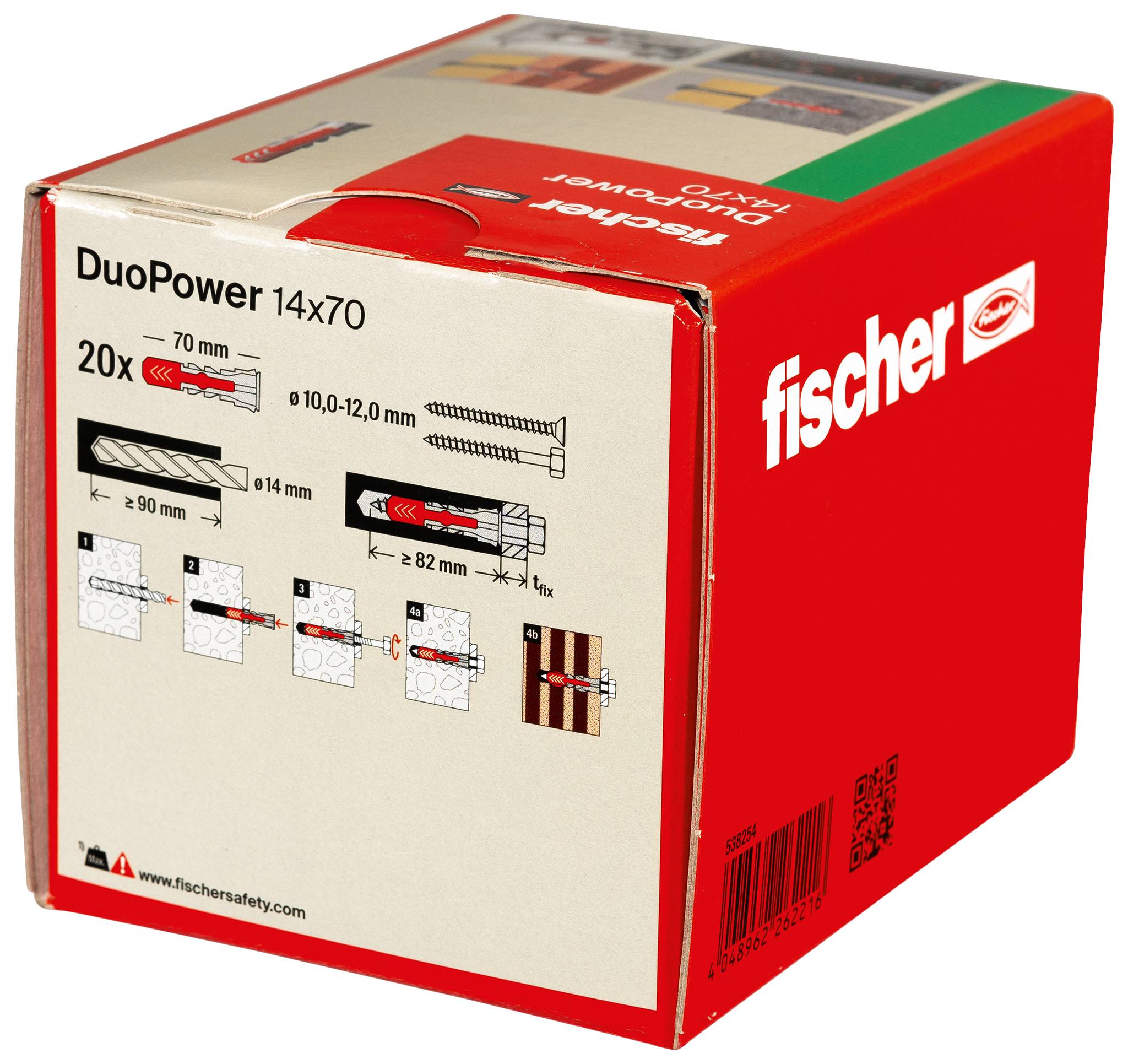 Red Fischer DuoPower 14x70 Wandanker-Karton mit Produktgröße, Menge 20x und Installationsdiagrammen auf der Vorderseite.