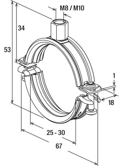 Eine technische Zeichnung einer Metallrohrschelle mit Abmessungen. Höhe: 53 mm; Breite: 67 mm; geeignet für M8/M10 Befestigungen; verstellbar für Rohre von 25-30 mm.