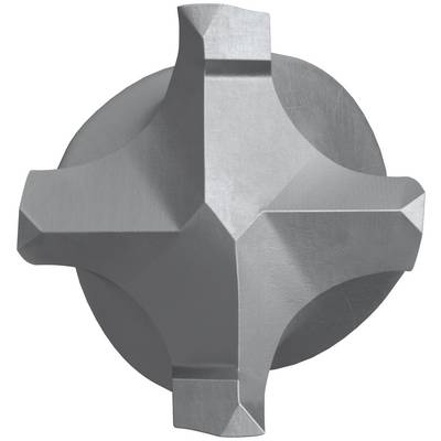 Graues metallisches vierpunktiges geometrisches Objekt, zentriert auf einem kreisförmigen Hintergrund, das einem stilisierten Kreuz oder einer Turbinennabe ähnelt.