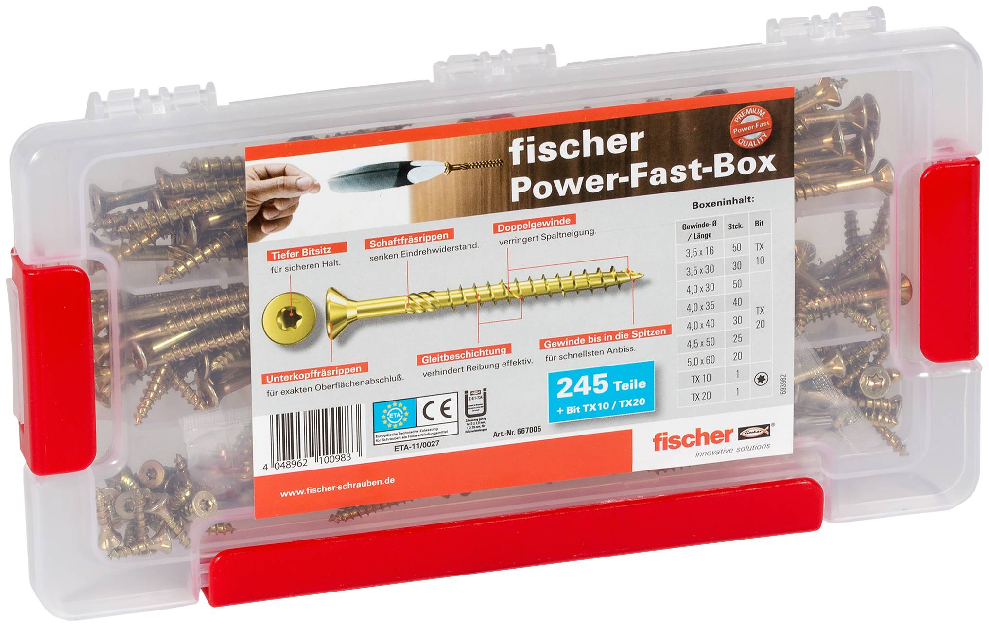 Klare Kunststoffbox mit Fischer Power-Fast Schrauben mit rotem Griff und Produktetikett, das 245 Stück anzeigt.