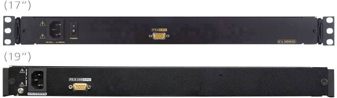 Zwei Rackmount-Geräte, oben ein 17-Zoll-Modell mit Stromanschluss und VGA-Port, unten ein 19-Zoll-Modell mit ähnlichen Anschlüssen.