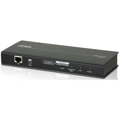 Schwarzes Netzwerkgerät mit LAN-Anschluss, USB-Port, Reset-Taste, und LED-Anzeigen für Status und Geschwindigkeit. Markenname oben links.