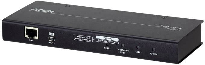 Schwarzer KVM-Switch mit LAN- und USB-Anschlüssen, Tasten für 'Reset' und 'Default Setting'. Leuchtanzeigen für 'Link' und 'Power'.