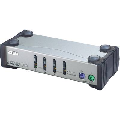 'ATEN Master View KVM-Switch mit vier Anschlüssen, LED-Anzeigen für Status, PS/2 Ports für Tastatur und Maus. Schaltet zwischen Computer.'