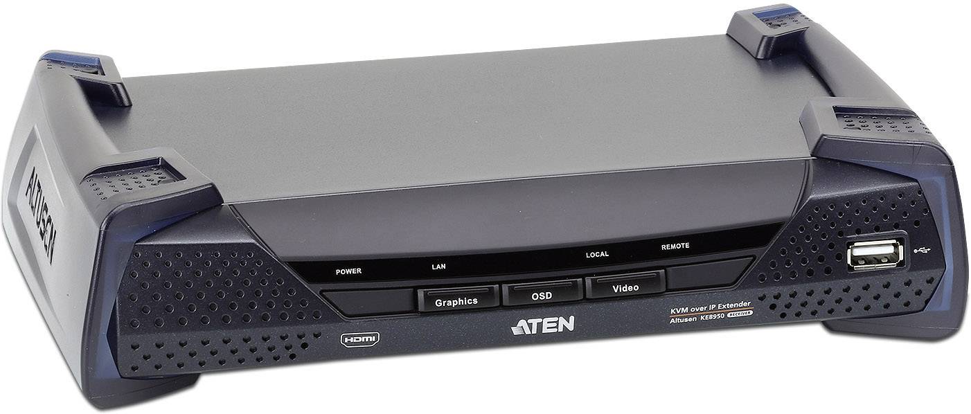 Ein schwarzes elektronisches Gerät mit Knöpfen und Anschlüssen auf der Vorderseite, von der Marke ATEN.