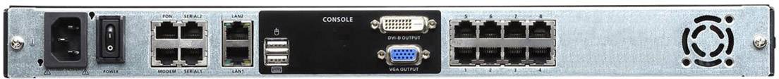 Rückseite eines Netzwerkservers mit verschiedenen Anschlüssen: Stromversorgung, USB-Anschlüsse, VGA, Ethernet-Ports, Lüfter.