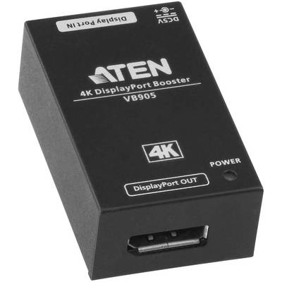 Schwarzer ATEN 4K DisplayPort Booster (Modell VB905) mit Anschlüssen für DisplayPort 'IN' und 'OUT', unterstützt 4K Videoauflösung.