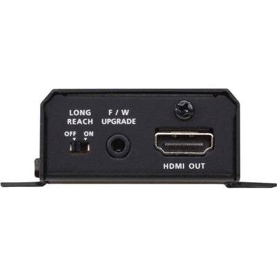 Ein schwarzes elektronisches Gerät mit HDMI-Ausgang, einer F/W-Upgrade-Buchse und einem Schalter für 'Long Reach' an oder aus.