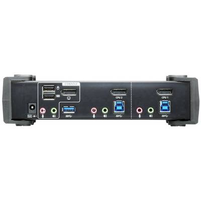 Die Rückseite eines elektronischen Geräts mit mehreren USB-Anschlüssen, Audiobuchsen, HDMI-Ports und einer Strombuchse.