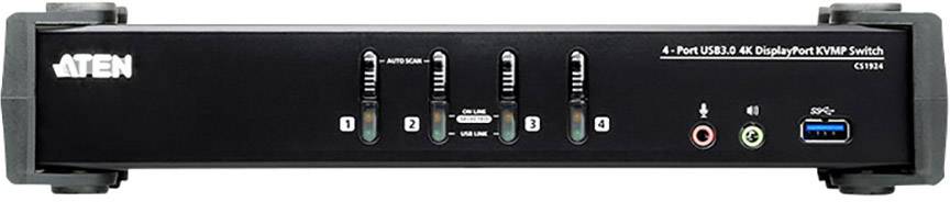 'ATEN 4-Port DisplayPort KVMP Switch' zeigt Anschlussmöglichkeiten mit vier HDMI-Ports, Audio-Ein- und Ausgängen sowie USB 3.0-Port.