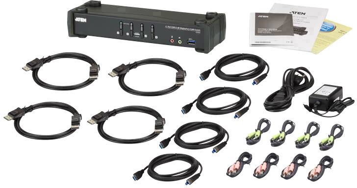 'ATEN 4-Port USB-3.0-DisplayPort KVM-Switch mit Zubehör einschließlich Kabel, Anleitung und Netzteil, für Computerverbindungen.'