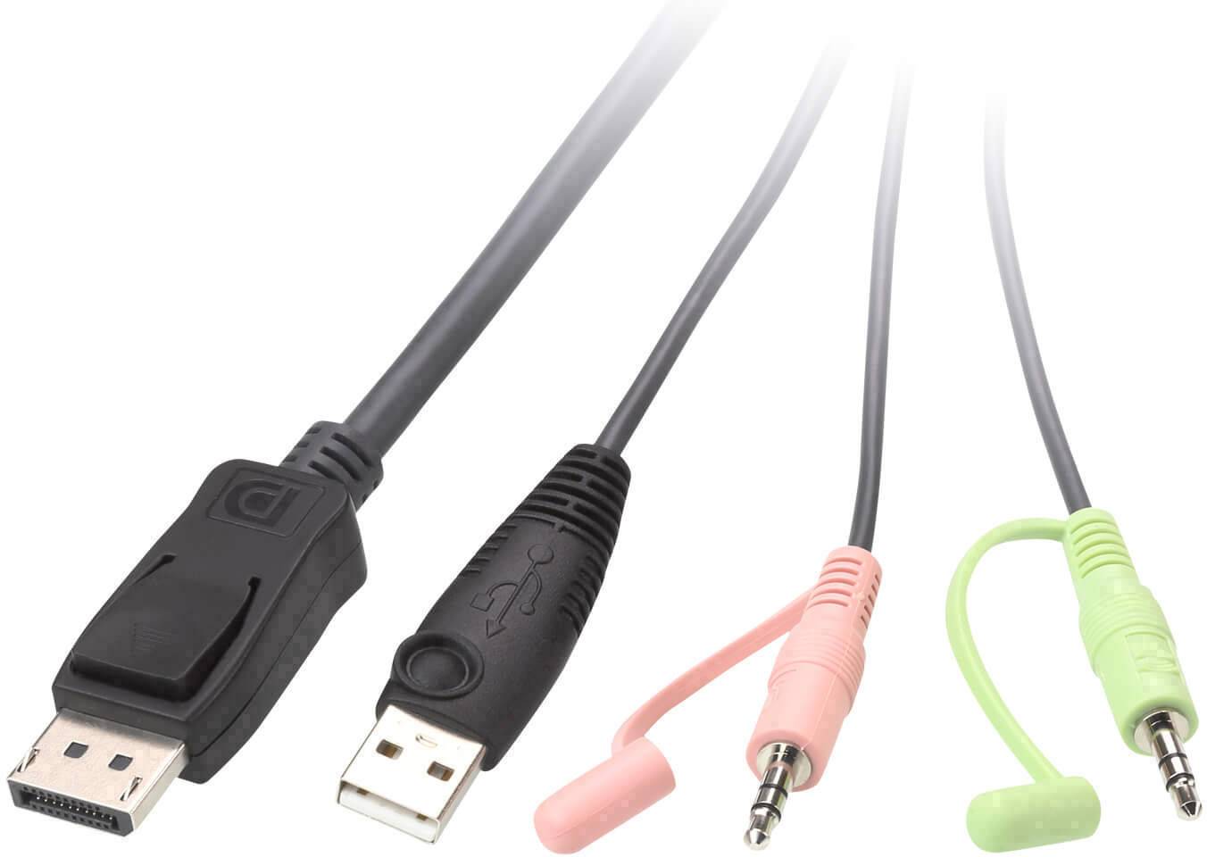 Vier Kabel mit Steckern: DisplayPort, USB, rosa und grüner Audio-Klinkenstecker. Sie dienen zur Verbindung von Geräten.