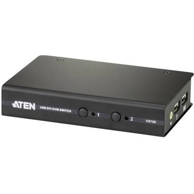 Ein schwarzer USB-DVI-KVM-Switch von Aten, Modell CS72D, mit zwei USB-Anschlüssen und Knöpfen zur Steuerung von zwei Computern.
