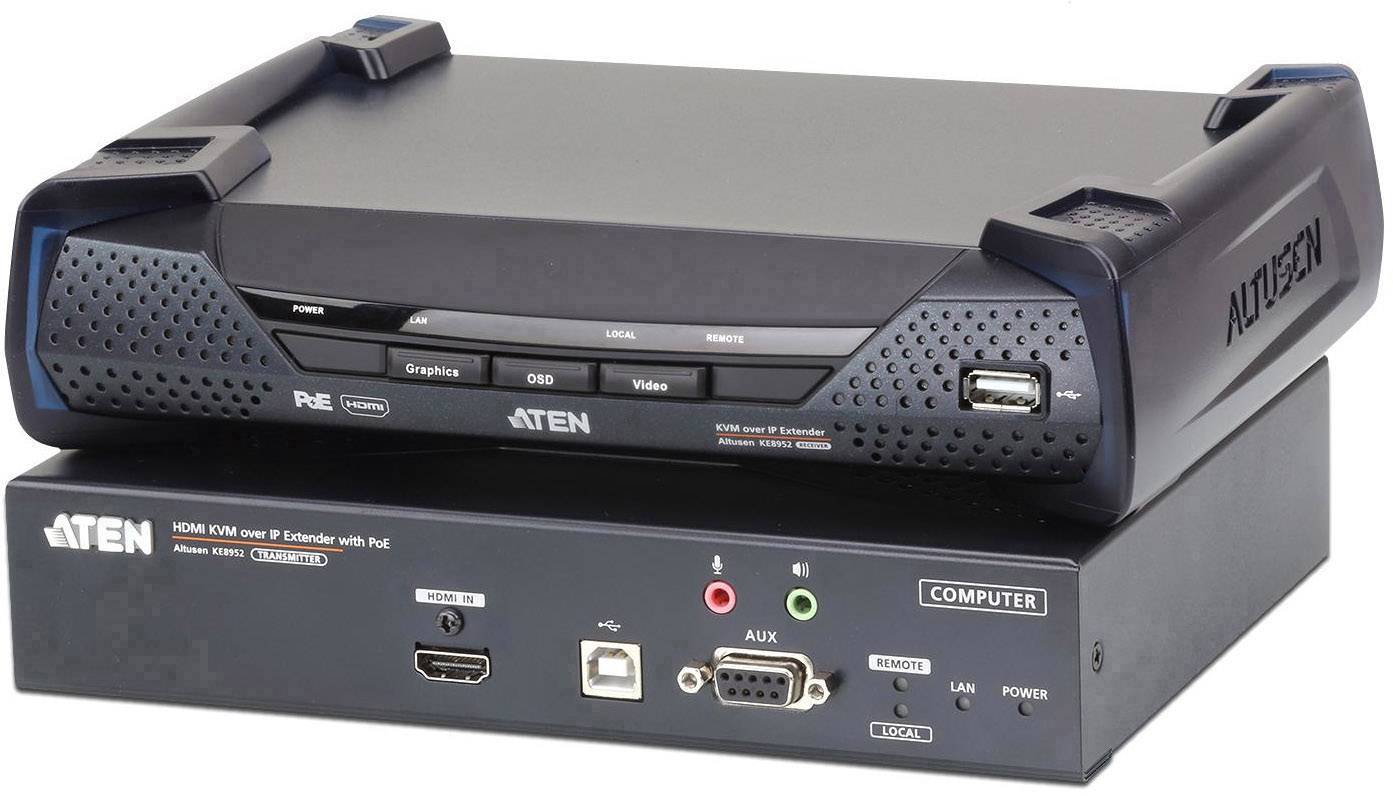 Ein schwarzer HDMI KVM over IP-Extender mit mehreren Anschlüssen und Tasten auf der Vorderseite, darunter HDMI-, USB- und Audioanschlüsse.