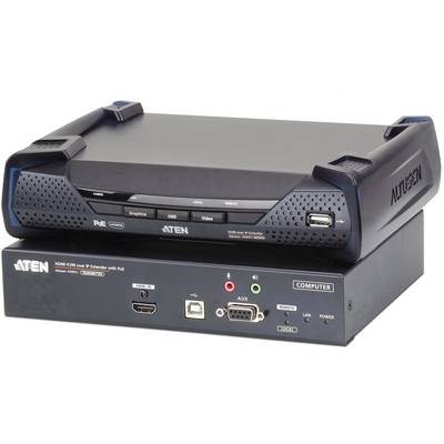 Ein schwarzer HDMI KVM over IP-Extender mit mehreren Anschlüssen und Tasten auf der Vorderseite, darunter HDMI-, USB- und Audioanschlüsse.