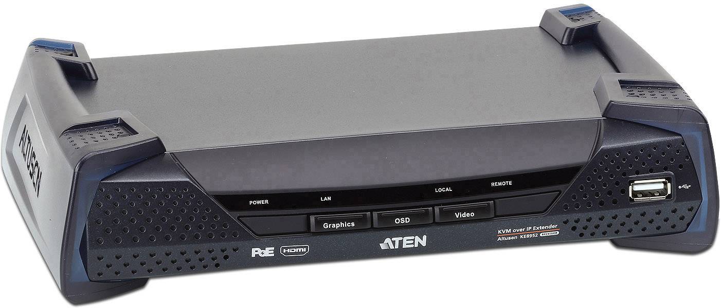 Ein schwarzer Netzwerk-KVM-Switch mit mehreren Anschlüssen und Knöpfen zur Bedienung. Markenname 'ATEN' auf der Vorderseite.