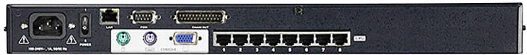Rückansicht eines Netzwerk-Switches mit mehreren Ethernet-Anschlüssen, einem seriellen Anschluss und einem Stromanschluss.