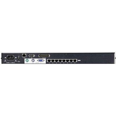 Rückansicht eines Netzwerk-Switches mit mehreren Ethernet-Anschlüssen, einem seriellen Anschluss und einem Stromanschluss.