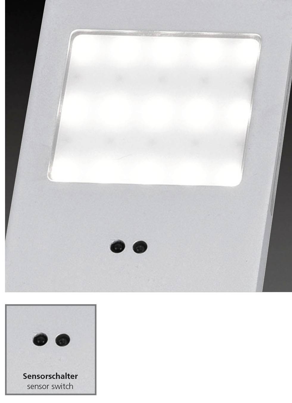 'Leuchte mit rechteckigem LED-Panel und zwei kreisförmigen Sensorschaltern darunter. Beschriftet mit 'Sensor switch'.'