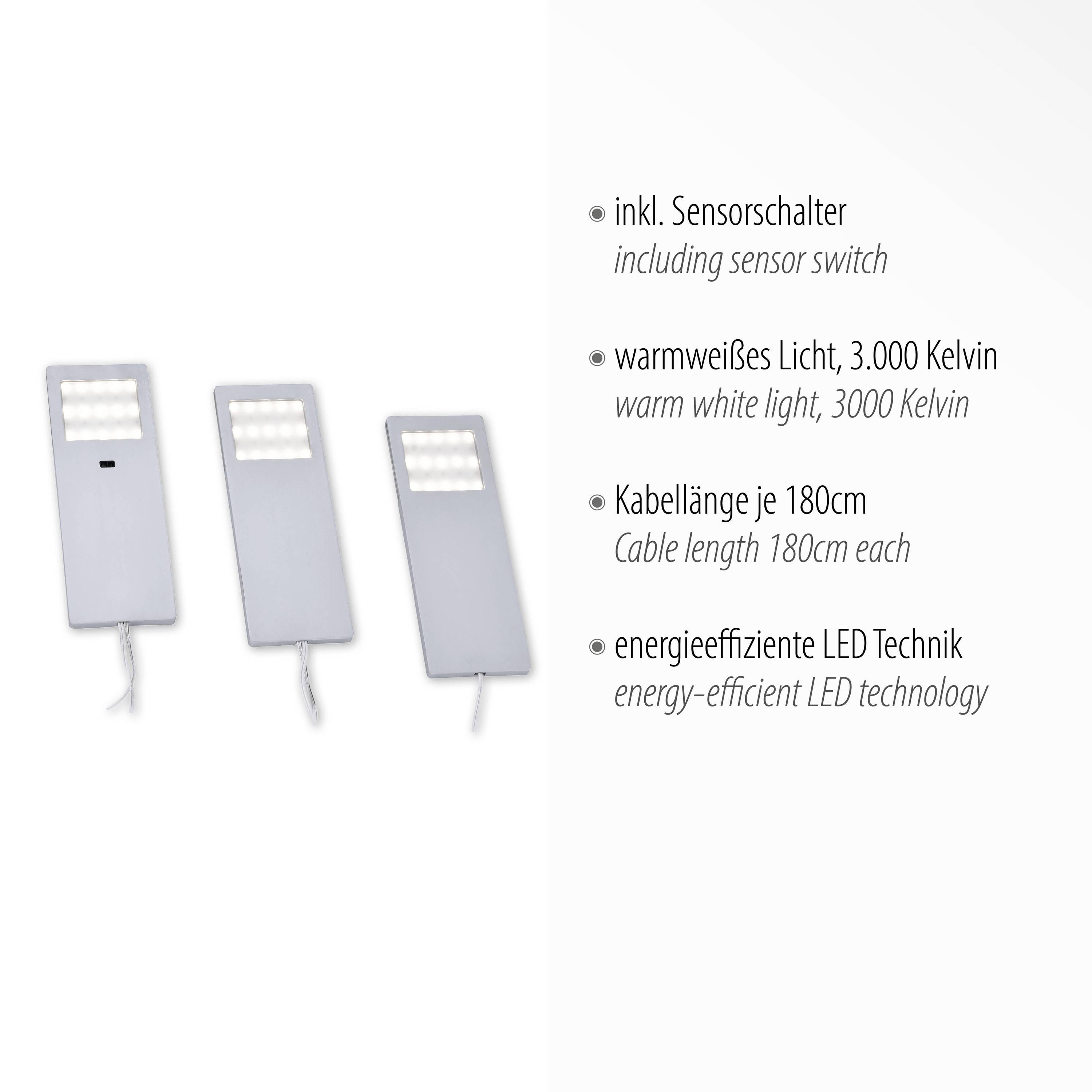 'Drei LED-Panels mit Sensorschalter. Warmweißes Licht, 3000 Kelvin. Kabel je 180 cm. Energieeffiziente LED-Technik.'