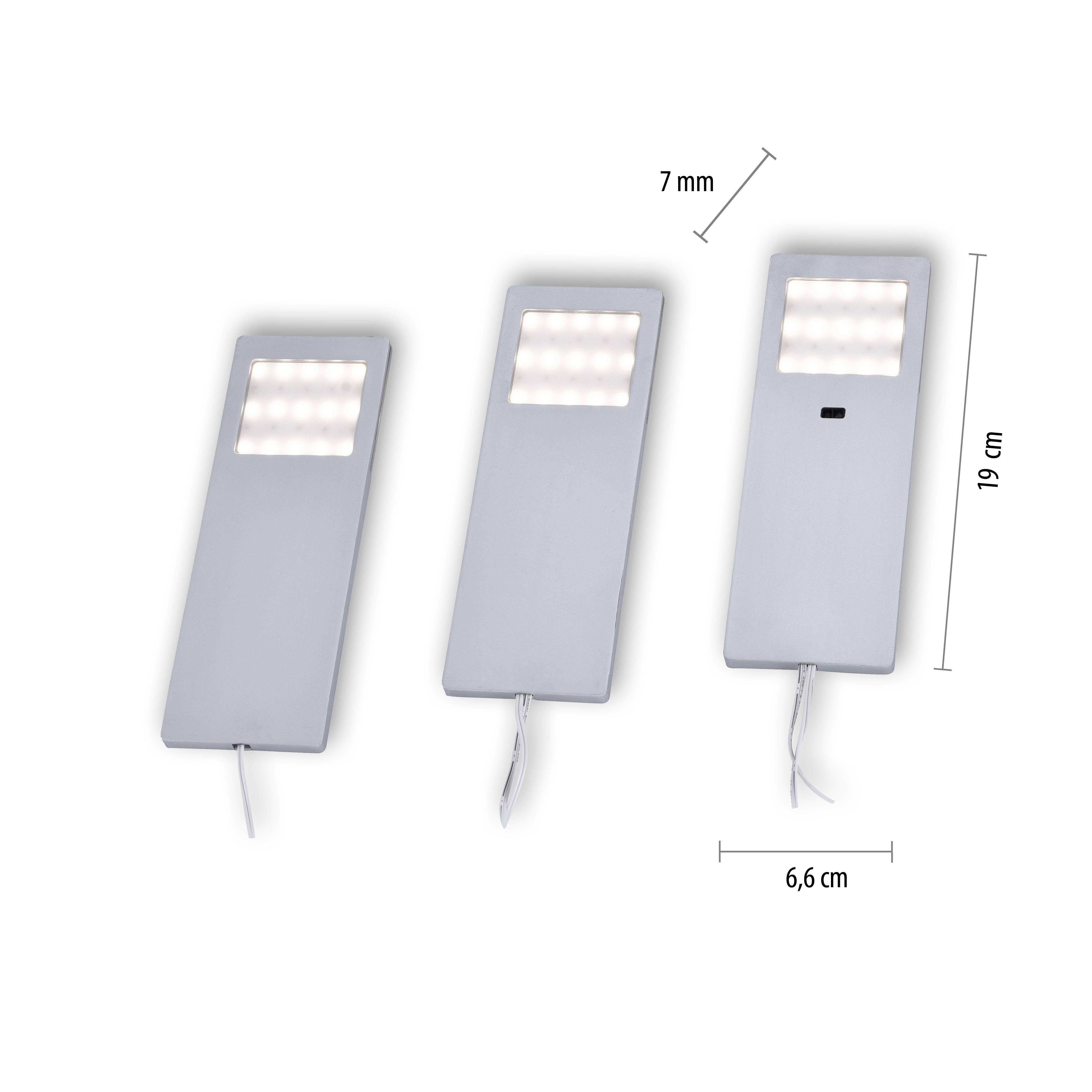 Drei rechteckige LED-Leuchten in einer Reihe, Dämpfungs-Panel oben, Maße: 19 cm hoch, 6,6 cm breit, 7 mm dick, Kabel unten.