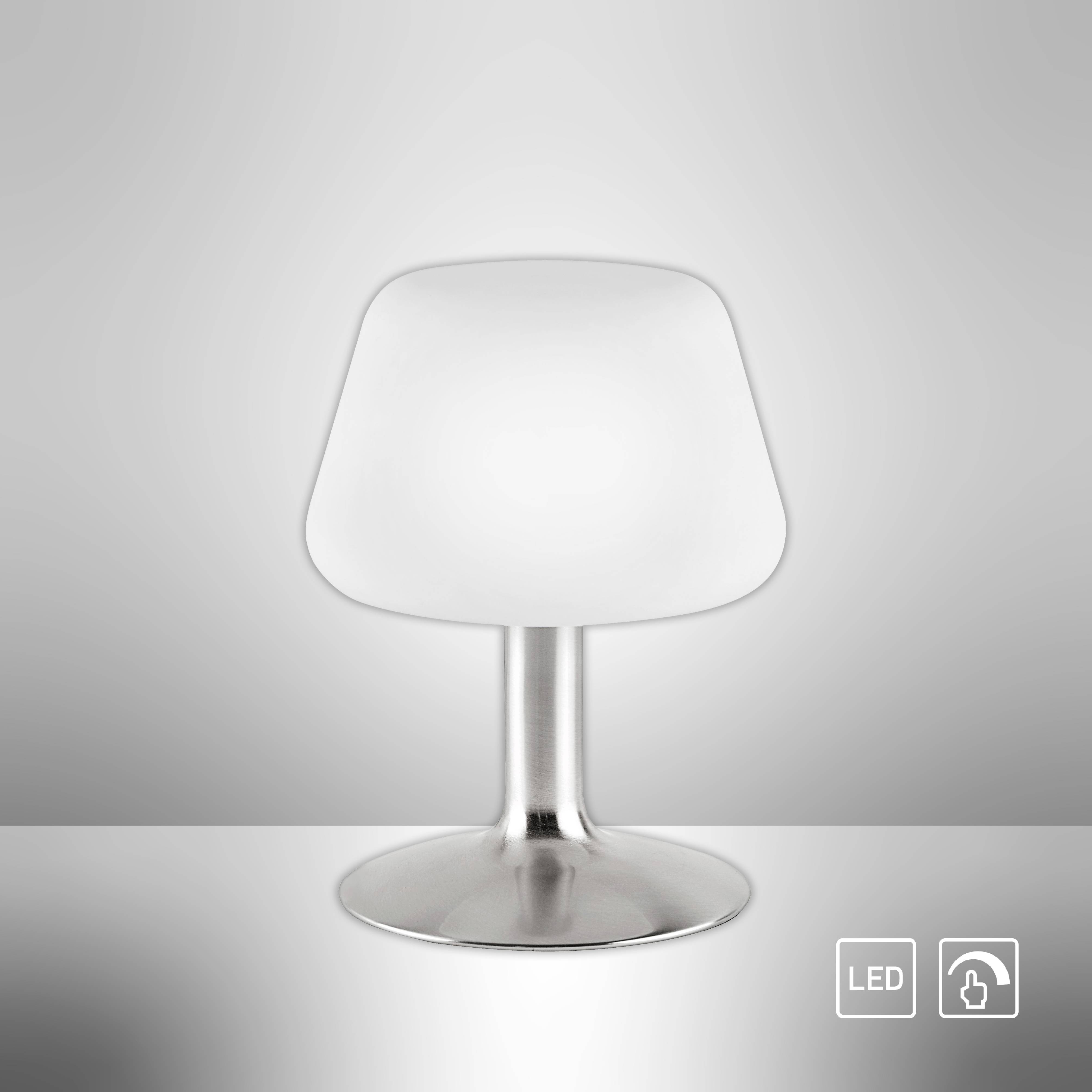 Tischlampe mit modernem Design, mattem Glasschirm und metallischem Standfuß. LED-Licht, Touchsteuerungssymbole unten rechts.