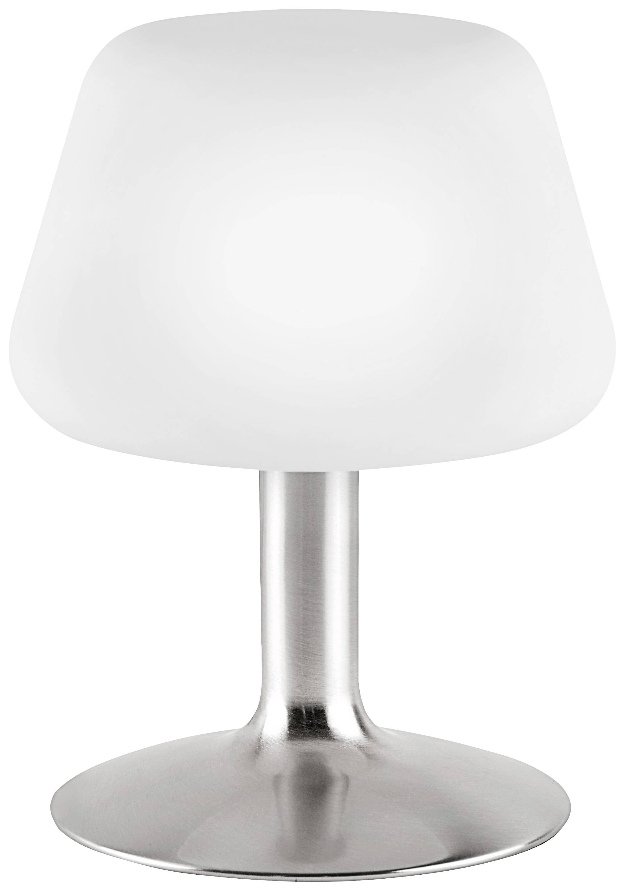 Moderne Tischlampe mit weißem, kegelförmigem Schirm und glänzendem, metallischem Sockel auf rundem Standfuß.
