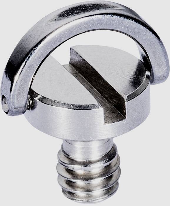 Eine silberne Schraube mit flachem Kopf und einem gebogenen Metallgriff für die Befestigung an Kameras oder Stativplatten.