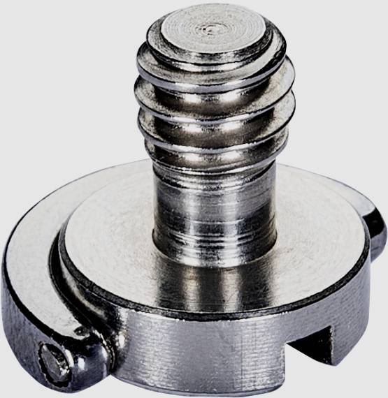 Schraube und Gewindebuchse aus Metall, häufig für Kamerastative verwendet. Sie zeigt eine gerändelte Kante für sicheren Halt.