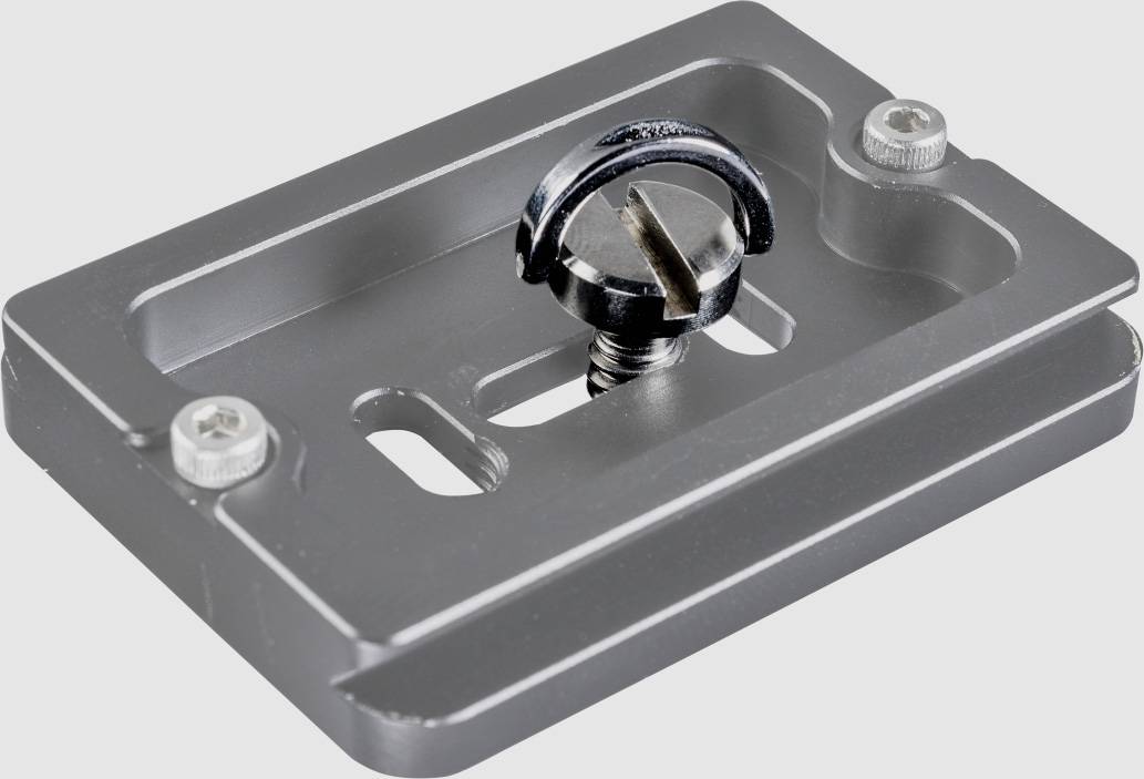 Metallplatte mit zentraler Schraube und zwei seitlichen Schrauben, wahrscheinlich Teil eines Kamerastativs oder Halterungssystems.