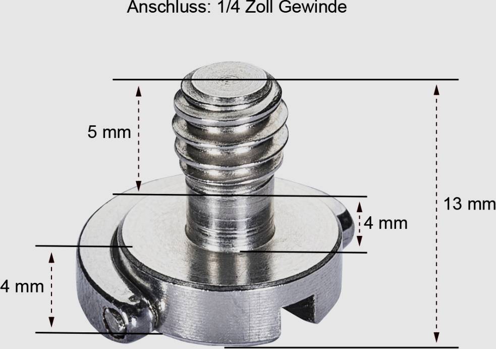 Eine silberne Schraube mit 1/4 Zoll Gewinde, umgeben von Maßangaben: 5 mm Höhe, 4 mm Randdicke, 13 mm Gesamtbreite.