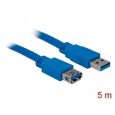 Blaues USB-Verlängerungskabel, fünf Meter lang, mit einem männlichen und einem weiblichen Stecker.