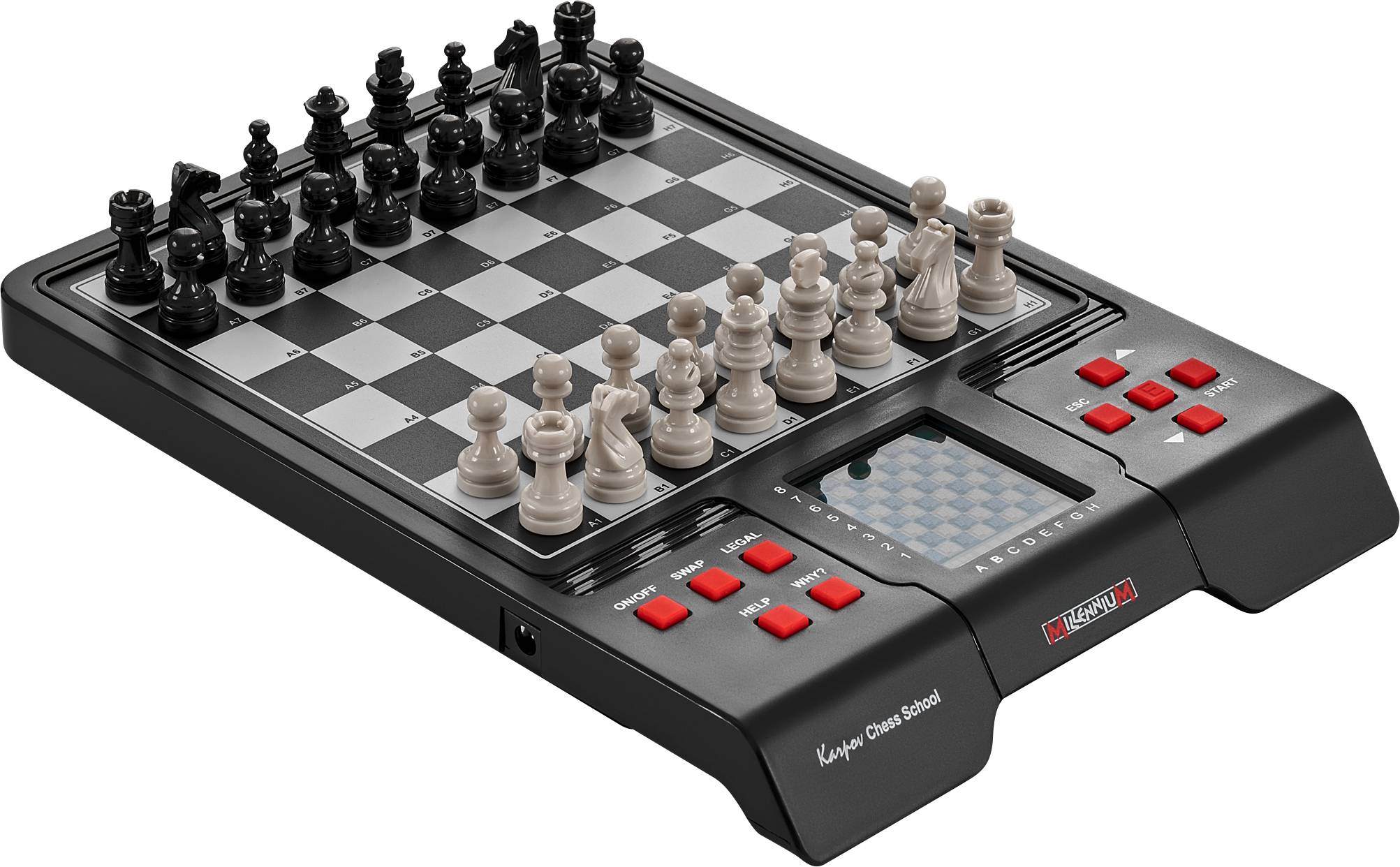 Schachbrett mit elektronischem Display und Spielsteinen in Startaufstellung. Einige rote Tasten zur Steuerung vorhanden.