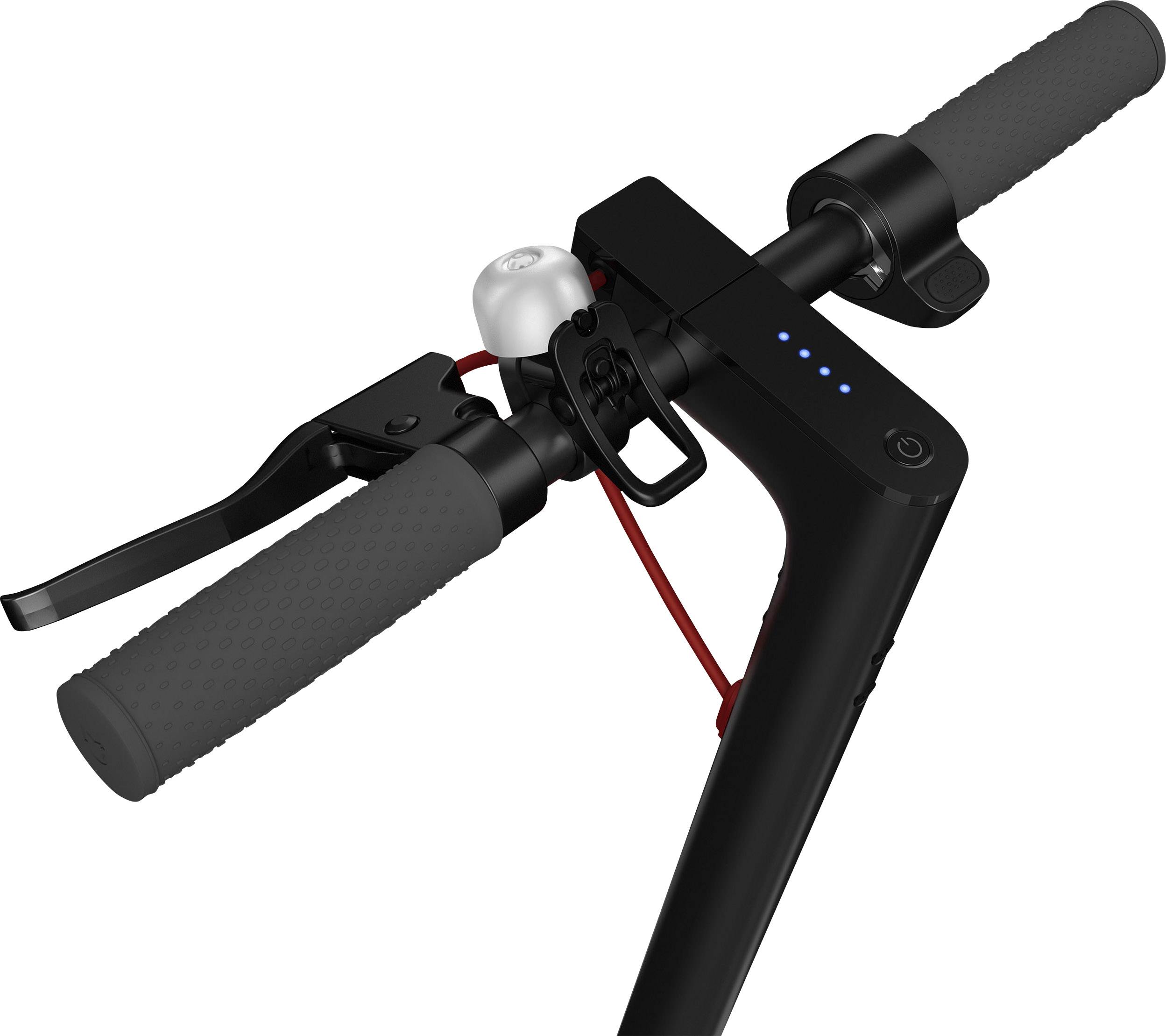 Lenker eines E-Scooters mit schwarzer Lenkstange, Bremshebel, Klingel und blauen LED-Leuchten zur Anzeige des Batteriestatus.